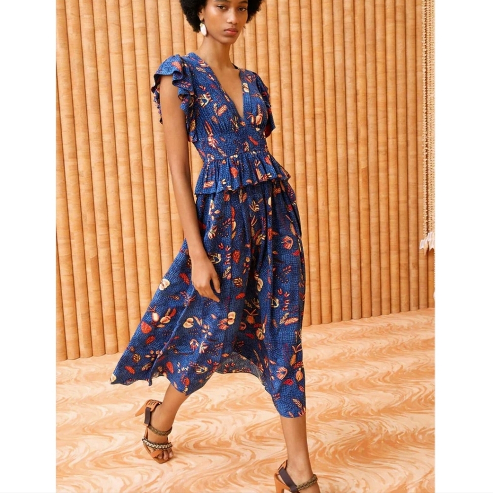 Ulla Johnson Brielle Dress Blue Dahlia Silk Ruffle V-Neck Dress Size 8